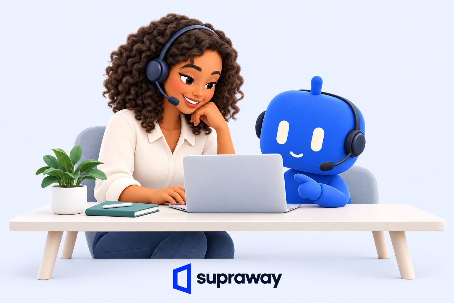 A customer support representative and a Supra share context and work side by side.