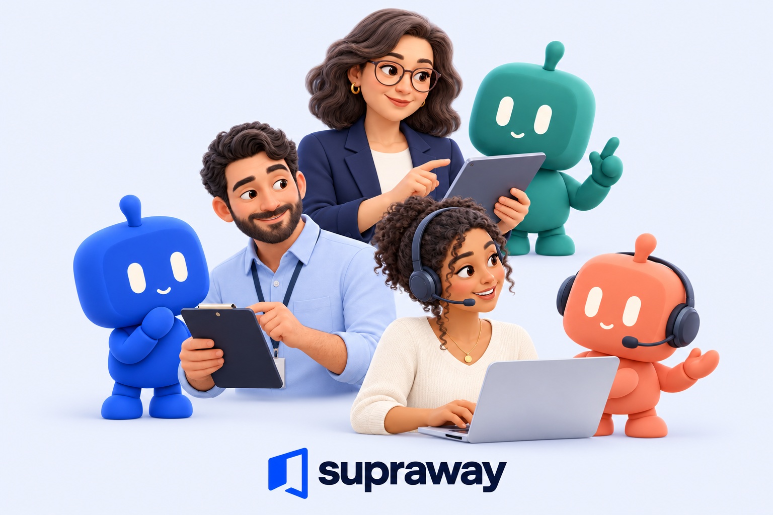 A fictional customer care team: a director, a team leader and a support representative working alongside their Supra companions